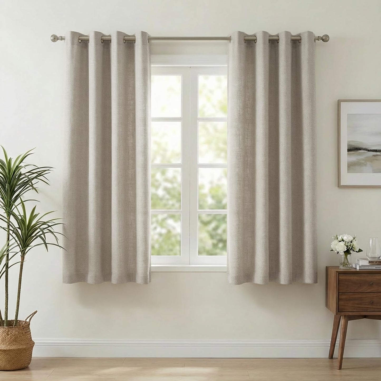 NICETOWN Semi Sheer Linen Blended Curtains 63 Inch Long, Light Filtering Burlap Curtains Farmhouse Grommet Privacy Window Drapes for Living Room, 2 Panels (52 x 63 Inch, Linen)