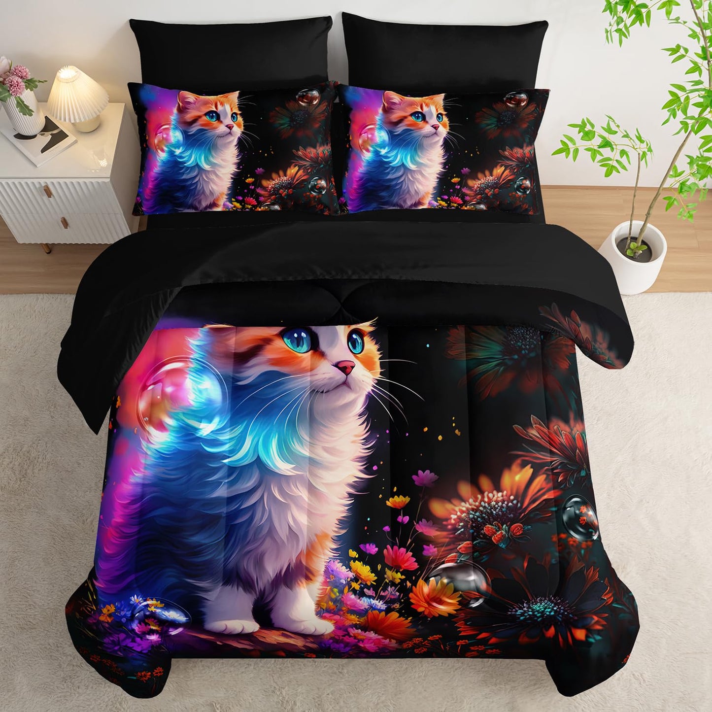 XYNHML Cartoon Kawaii Cat Comforter 7Pcs 3D Animal Flower Toddler Bedding Set Cat Lovers Animal Bubble Quilt Bed Set for Kid Girl Boy Teen Adult Twin with 2 Sheets,2 Pillowcases,2 Throw Pillow Covers