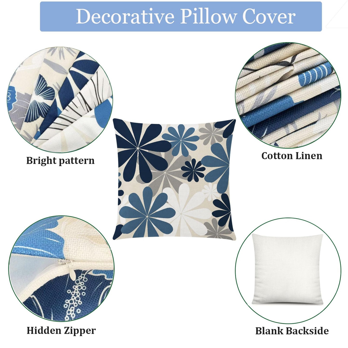COMMINY Blue White Pillow Covers 18x18 Set of 6, Daisy Flower Throw Pillow Cover Case Square Cushion Cover for Sofa Bedroom Living Room Farmhouse Home Decor