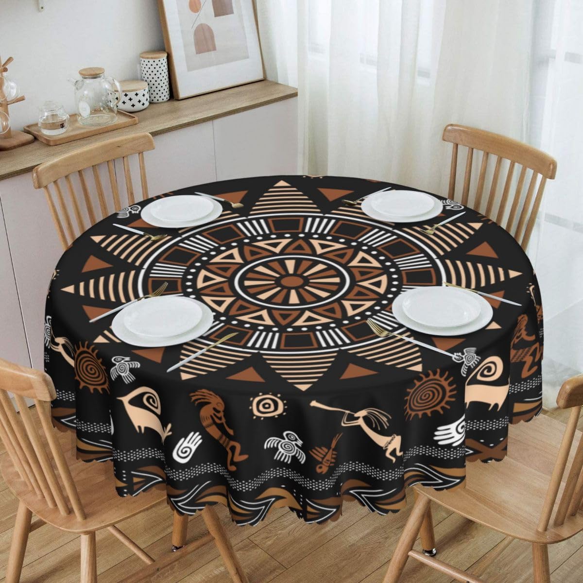 African Tribal Tablecloth, Traditional Ethnic Totems Rustic Abstract Geometric Pattern Print Water Resisitant Table Cover for Dining Kitchen Living Room Home Party Holiday Decor 36 inch Round