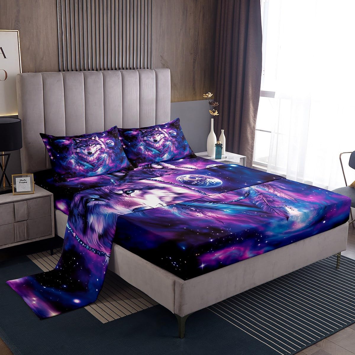 Erosebridal Full Wolf Bed Set Tribal Animal Bed Sheets Set Bohemian Feather Wildlife Flat Fitted Sheet for Kids Adult Women Men Starry Sky,Purple Bedding Sets for Bedroom Decor with 2 Pillow Cases