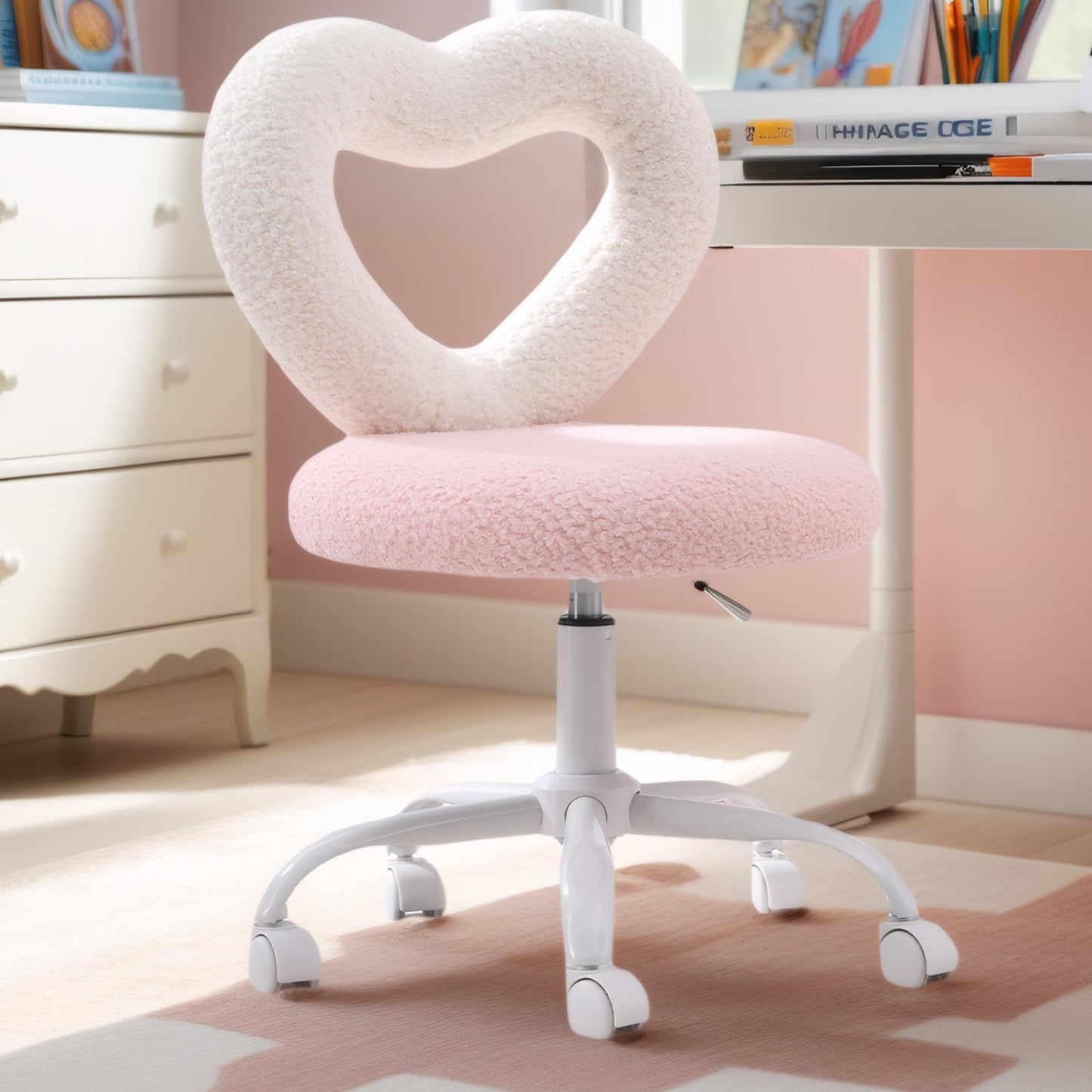 Cute Kids Desk Chairs，360’ Swivel Kids Chairs Computer Chairs with Wheels，Adjustable Heart Children Chair Study Upholstered Vanity Chair Chair for Teen Girls Boys Bedroom Children Gift, Pink