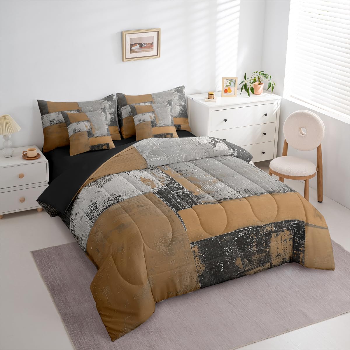 Feelyou Abstract Comforter Set King Size 7 Pieces Modern Abstract Art Bedding Set Luxury Bed in a Bag with Comforter, Sheets, Pillowcases, Cushion Covers Geometric Bedroom Decor Gray Brown