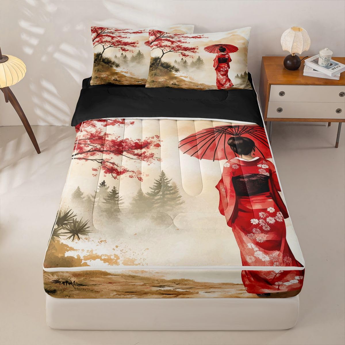 Erosebridal Geisha Zip Up Bedding Comforter Sets Twin Size, Japanese Geisha with Umbrella Comforter in One Zipper - Red Cherry Blossoms Bedding Set with Pillowcases