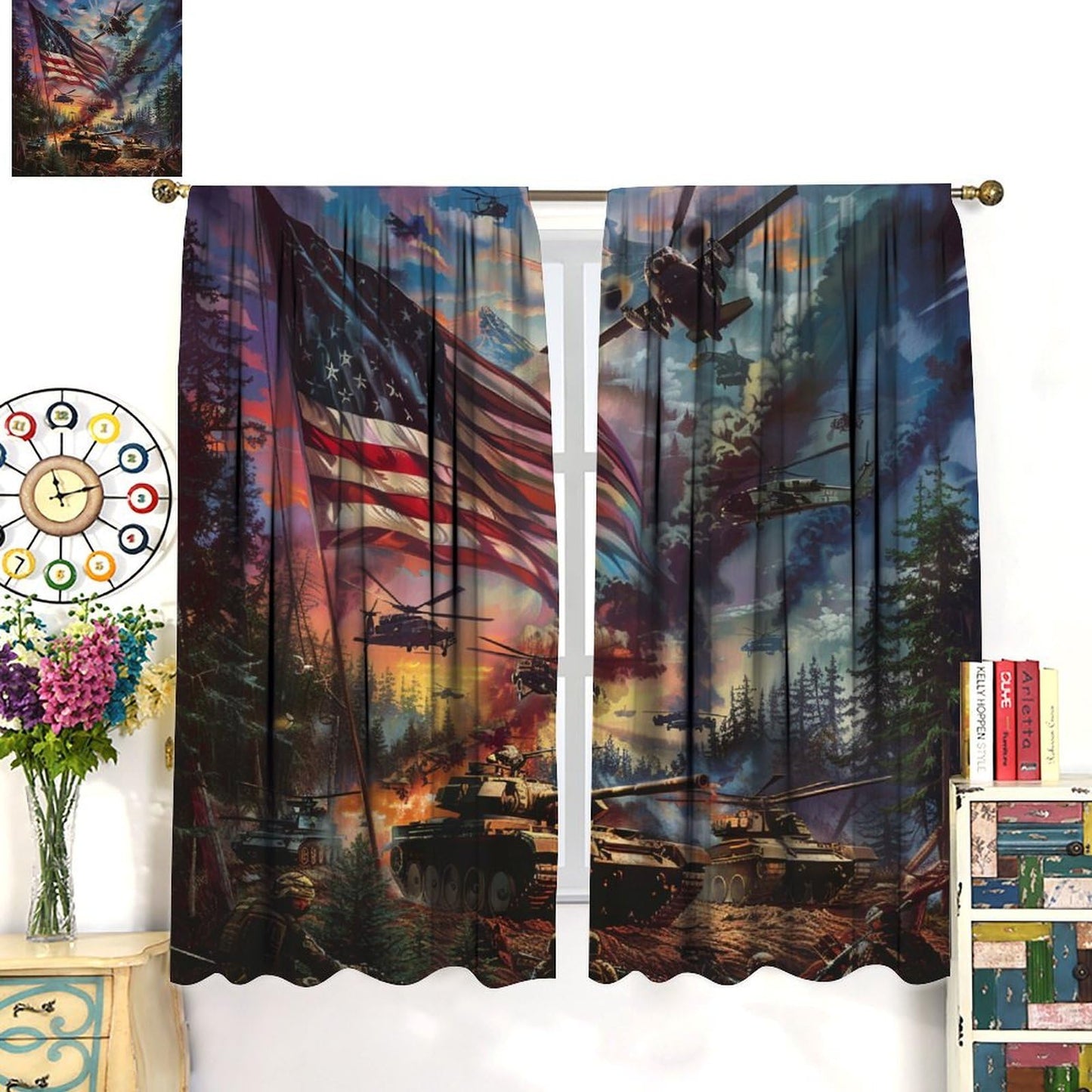 TOWINSFB Military War Theme Blackout Curtains, USA Tank Plane American Soldier Home Decor Rod Pocket Window Drapes for Living Room Bedroom - 42" W x 45" L