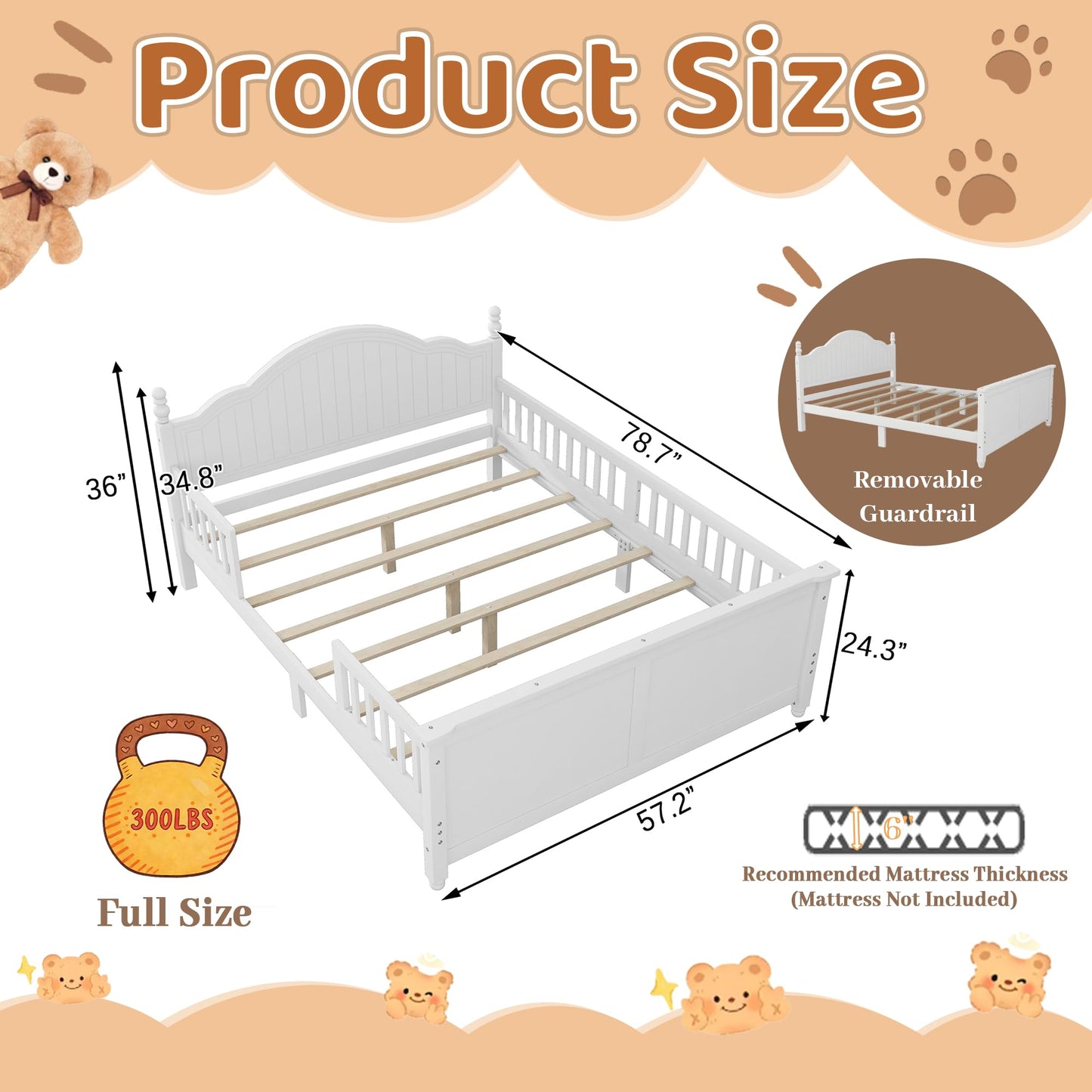 Aurnienofus Full Size Bed Frame Kids with Rails & Headboard, Wooden Low Platform Bed Frames with Detachable Guardrails, Footboard & Slat Support for Kids Girls Boys, Full Beds White