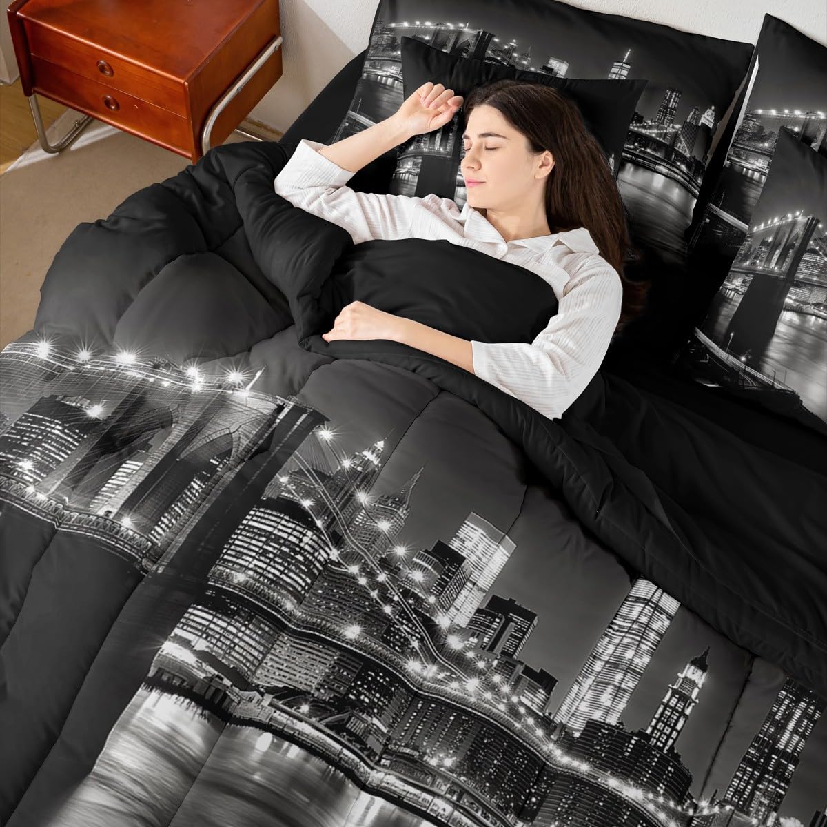 jejeloiu Cityscape Bed Set Twin Size Modern Bridge 7 Pieces Bedding Set for Kids Boys Girls Tall Building Decor Bed in a Bag with Comforter, Sheets, Pillowcases Breathable Lighting Bedroom Decor