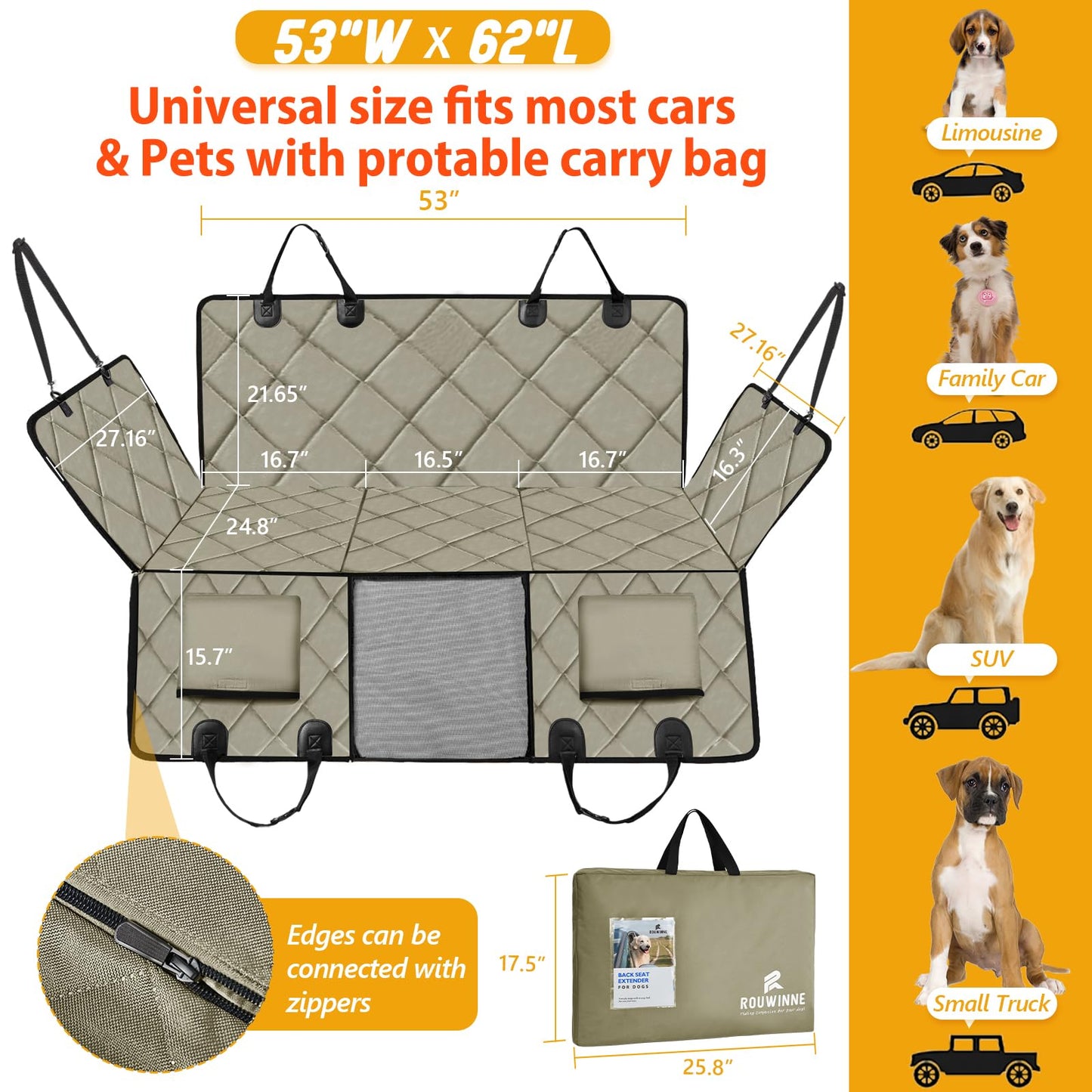 ROUWINNE Back Seat Extender for Dogs-Large Space, Dog Car Seat Cover Hard Bottom Holds 420lbs, Sturdy Backseat Extender for Dogs, Upgraded Waterproof Pet Car Bed Dog Hammock for Car SUV, Truck Khaki