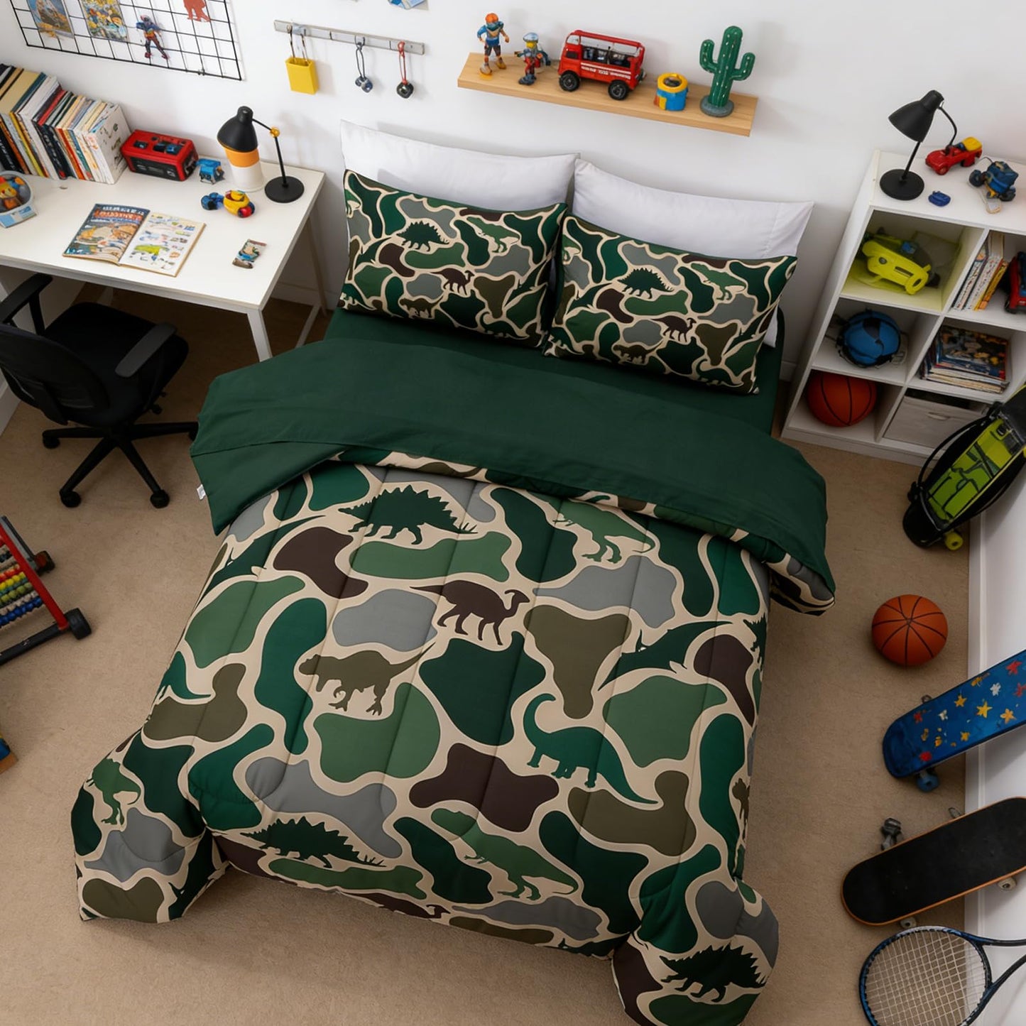Holawakaka Boys Dinosaur Camouflage Comforter Set with Sheets, Queen Size Army Green Camo Bedding Sets for Kids Teens Bed-in-a-Bag 5 Pieces for Dorm Bedroom Cabin Lodge