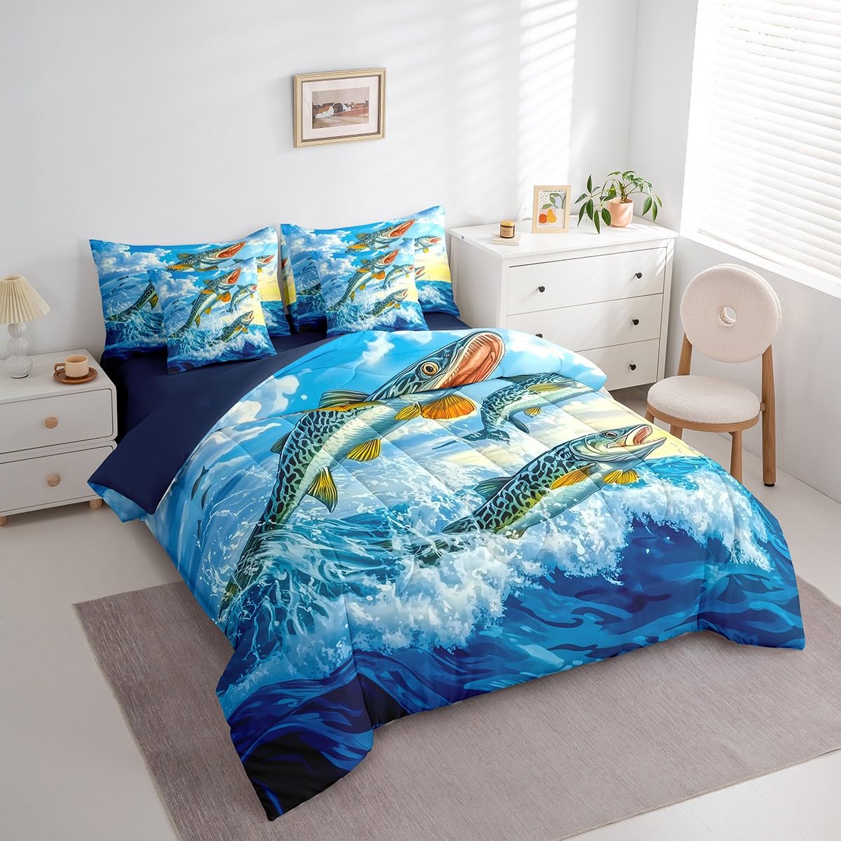 Erosebridal Pike Fish Bedding Sets, Big Bass Fish Microfiber 7 Piece Full Size Comforter Set for Kids Boys Girls, Hunting and Fishing Print Bed in a Bag Bed Set, Sea Waves Animals Bed Sheets Set