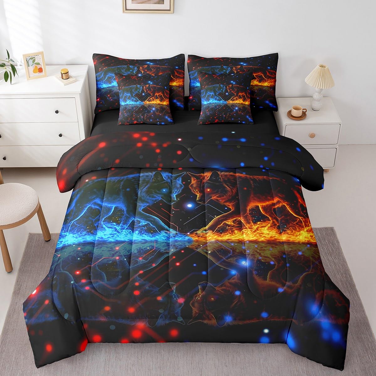 jejeloiu Wolves Howling Bed Set Wild Animal 7 Pieces Bedding Set for Kids Animal Wolves Bed in a Bag with Comforter, Sheets, Pillowcases Ultra Soft Dot All Season Breathable Lightweight Twin Size