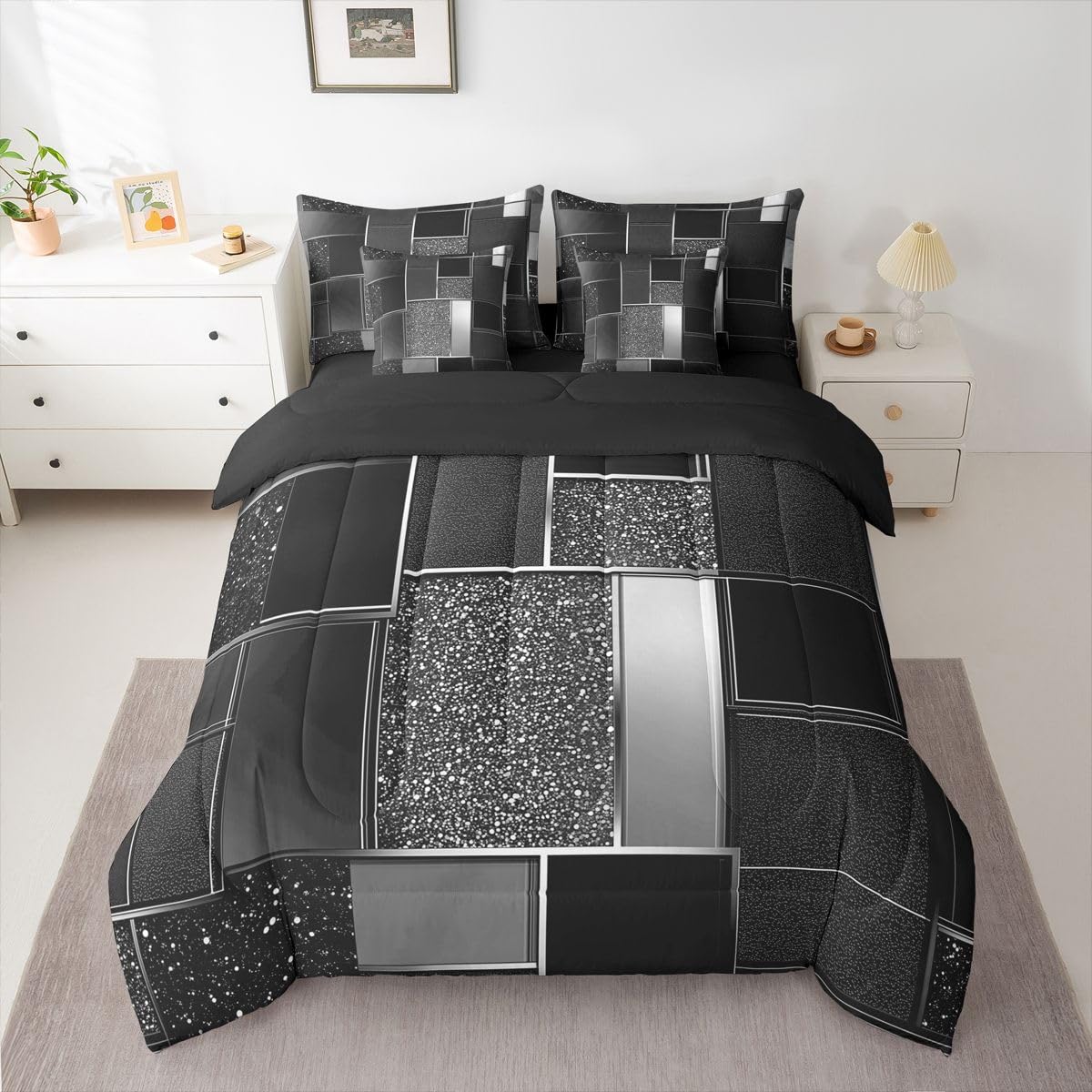 Feelyou Geometric Black Comforter Set with Sheets 7 Piece Full Size Modern Abstract Bed in a Bag Kids Boys Girls Metallic Print Geometric Bedding Set Bedroom Decor Breathable