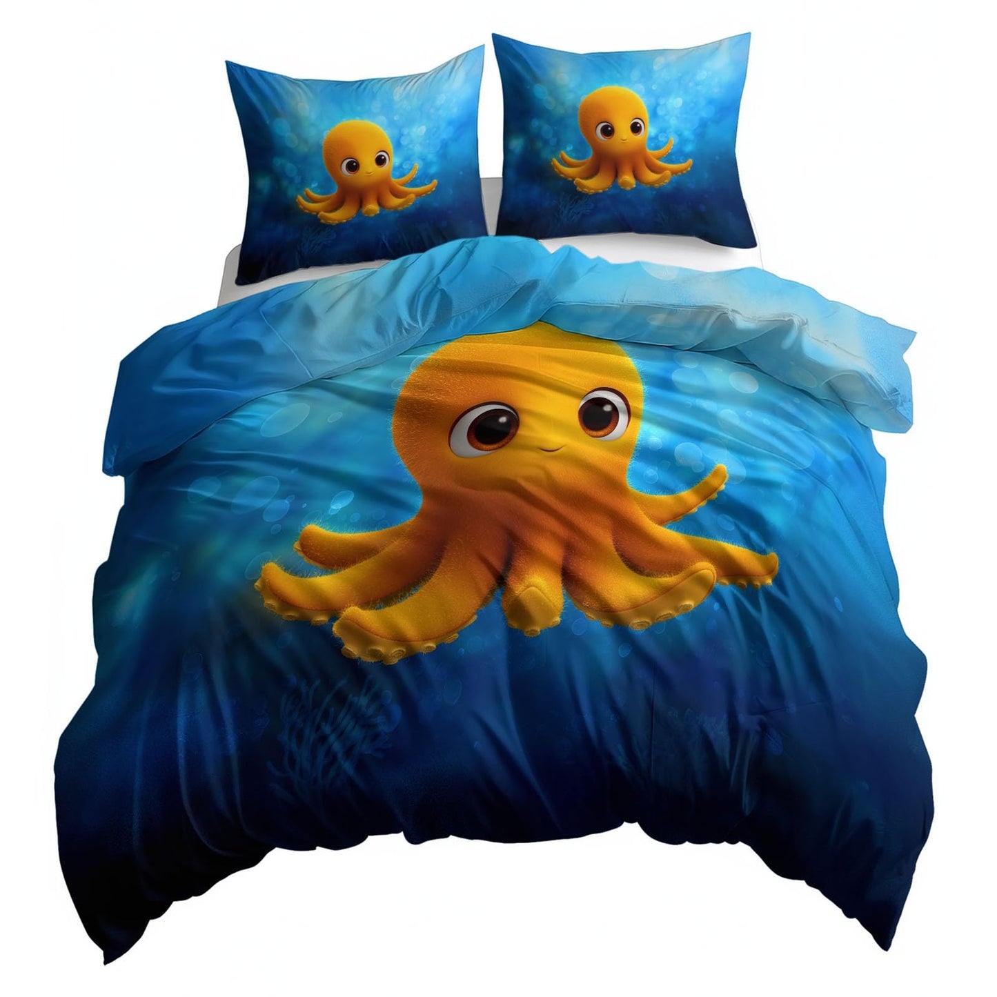 Super Soft Cartoon Style Duvet Cover Set Twin Size, Minimalist Underwater Yellow Octopus Bedding for Kids Boys Girls Teens - Breathable and Anti-Allergic Soft Comforter Cover 2 Pillow Shams