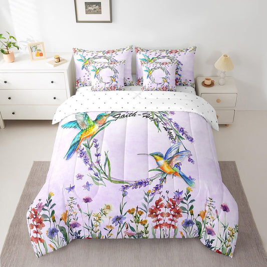 Feelyou Hummingbird Comforter Set Full Size 7 Pieces Full Floral Birds Bedding Set Girls Boys Watercolor Hummingbird Bed in a Bag Bed Set with Comforter, Sheet Set, Pillowcases, Pillow Covers