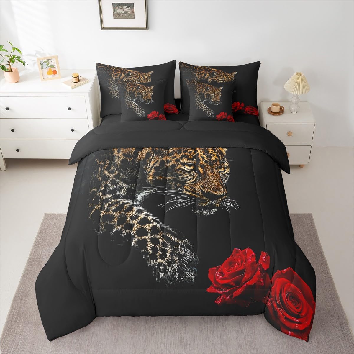 Erosebridal Leopard 7 Piece Bedding Set King Size Cheetah Bed in A Bag Rose Flower Comforter with Sheets African Savanna Animal Bed Sets