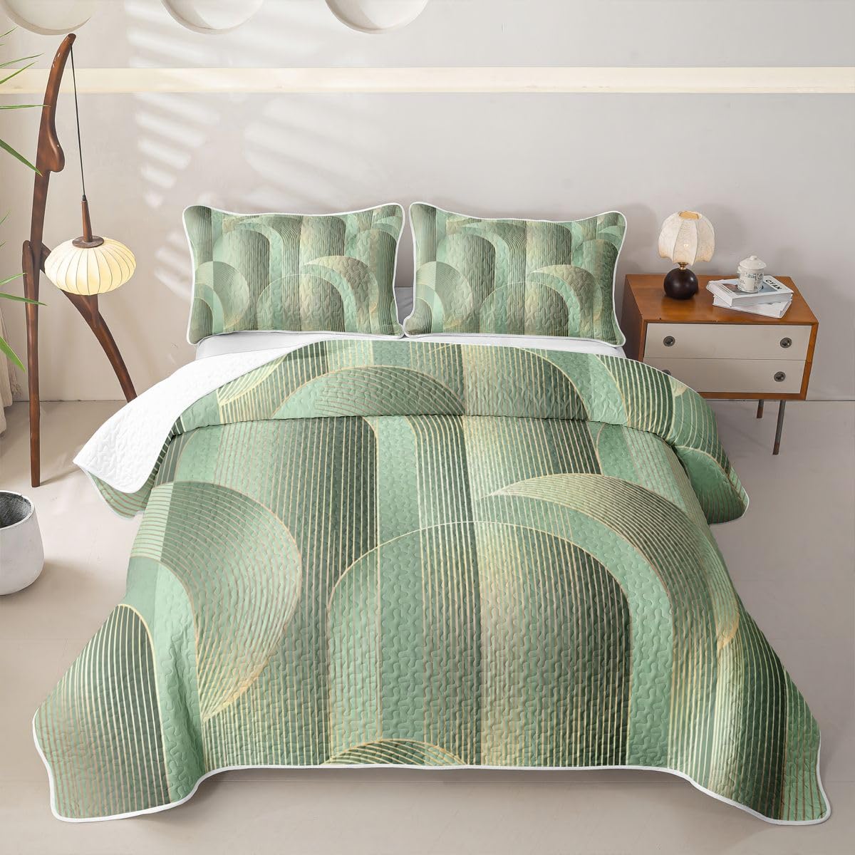 Erosebridal Geometric Quilted Bedspreadd Set Twin Ombre Boho Coverlet Set Modern Abstract Texture Bed Set Light Green Bedding Set
