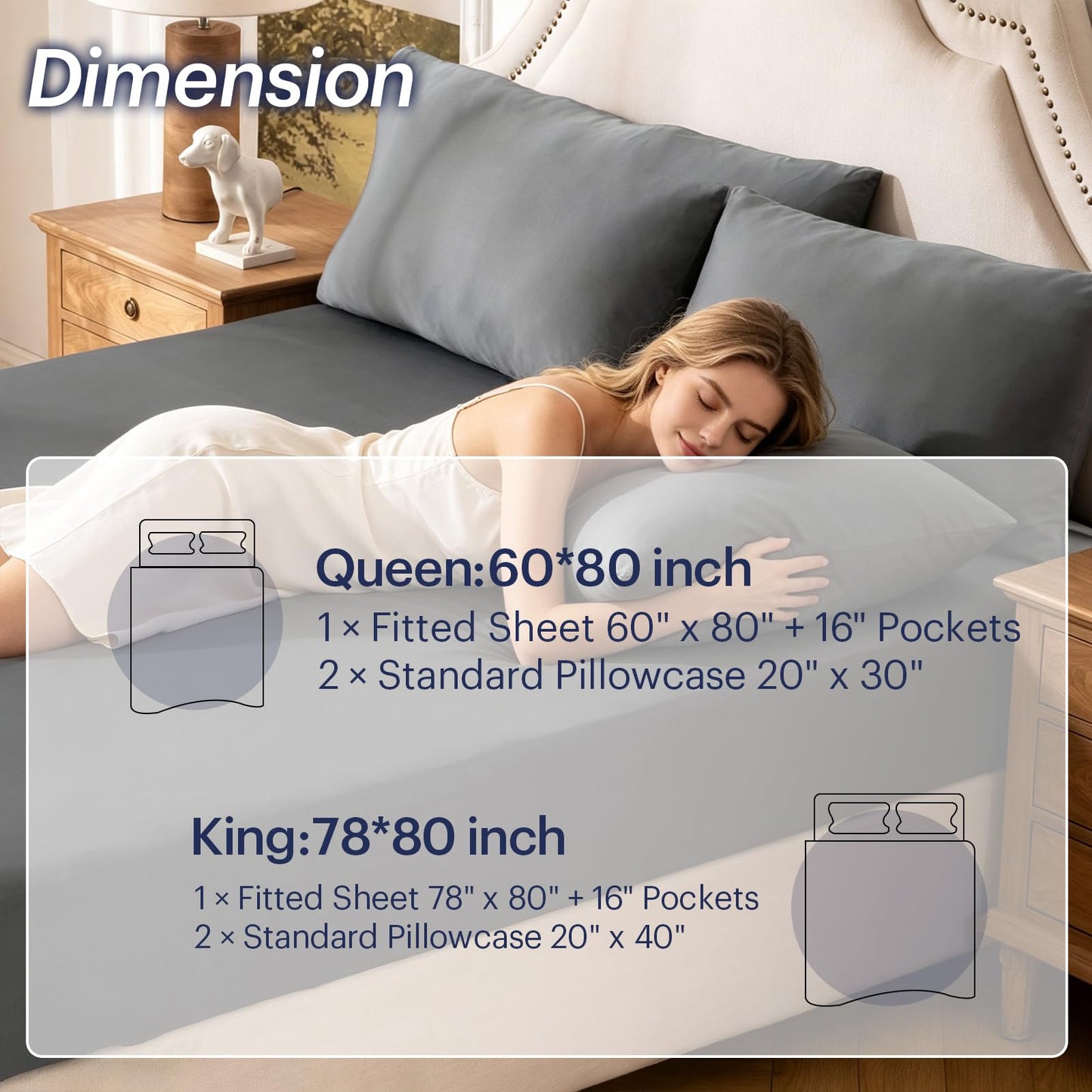 OMERAI 3 Piece Cooling King Size Sheet Set, Bed Sheets Set with 1 Fitted Sheet & 2 Pillowcases, Breathable Cool-to-Touch Fabric, Soft Smooth Deep Pockets Bed Sheets for Summer, Dark Gray