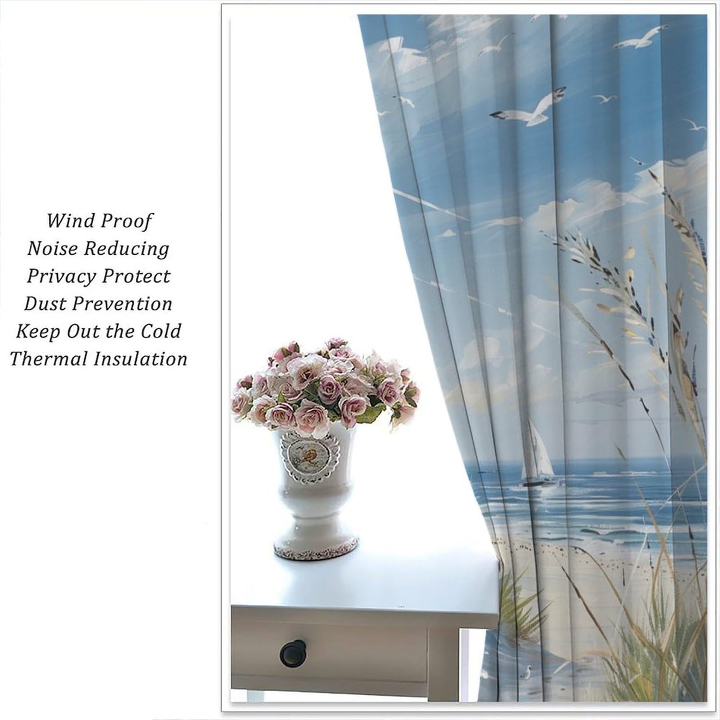 TOWINSFB Nautical Boat Lighthouse Blackout Curtains for Bedroom Living Room, Bird Beach Coast Nature Landscape Thermal Insulated Room Darkening Curtain- 2 Panels 45" L x 42" W