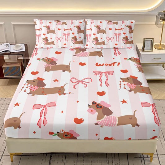 AILONEN Cute Dachshund Dog Themed Full Bedding Set,Pink Bow Heart Sausage Dog Fitted Sheet with 2 Pillowcases,Kawaii Soft Sheet Set