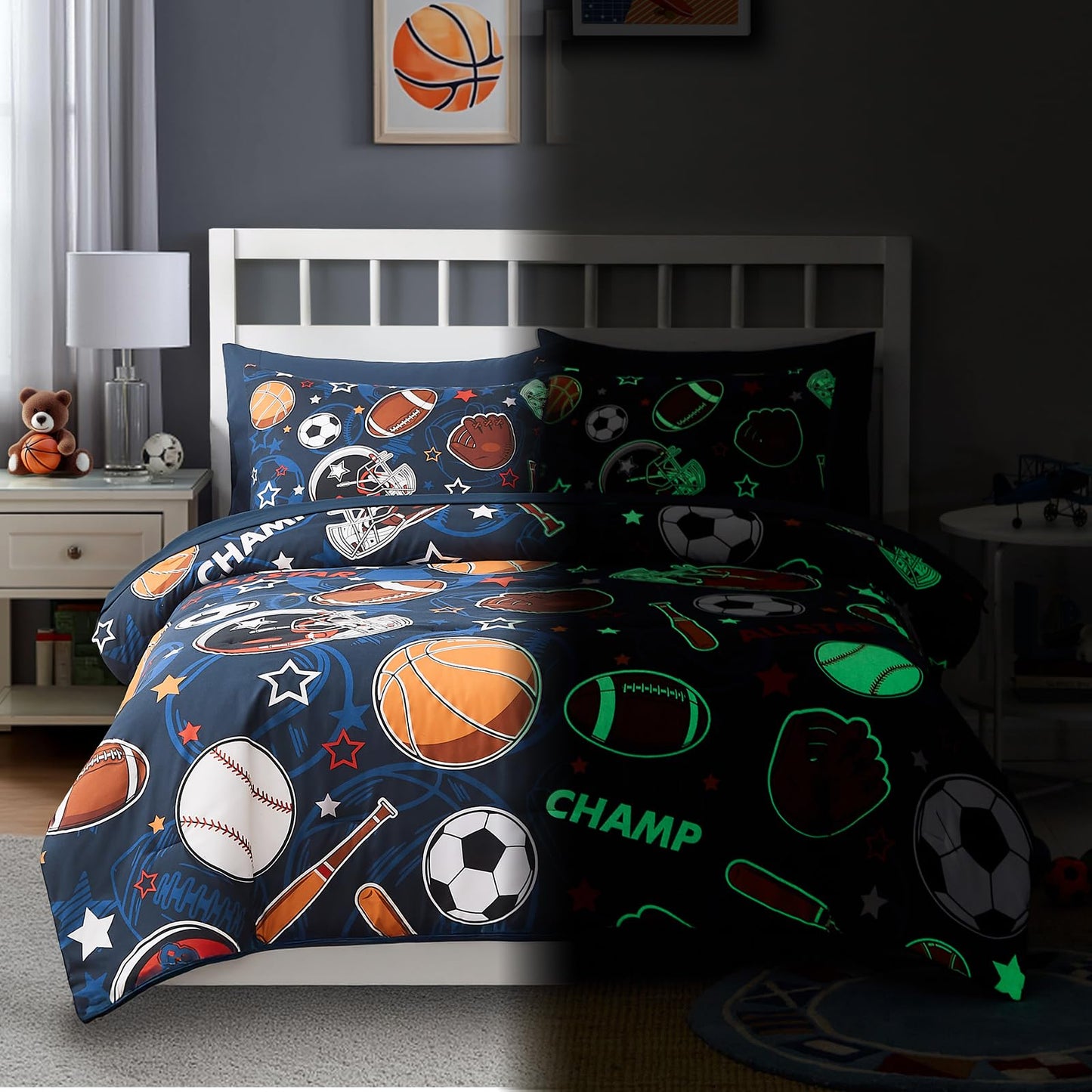 Wink Deer Full Size Comforter Set for Boys-7 Pieces Sports Ball Games Glow in the Dark Full Bedding Sets for Kids, Ultra Soft Bed in A Bag with Sheets