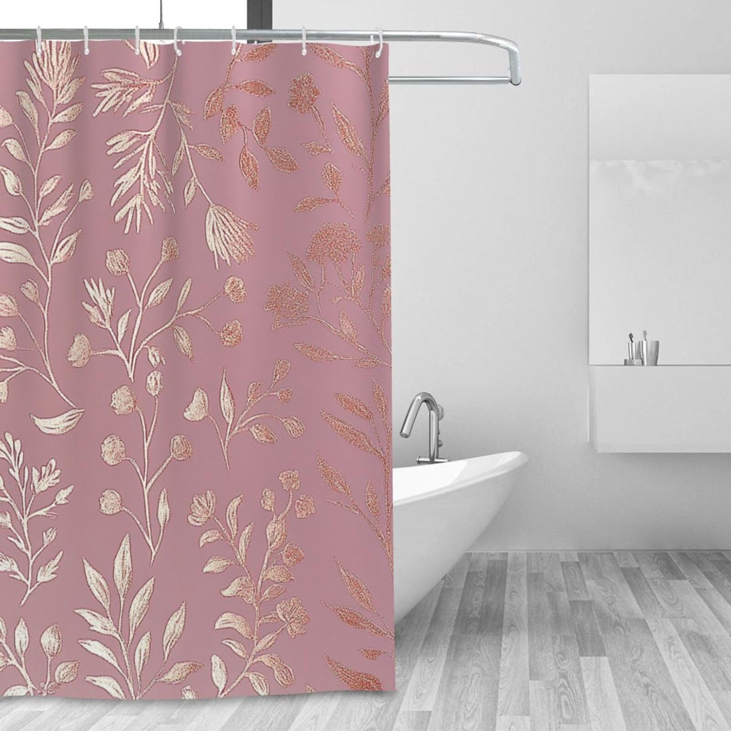 HSYOYO Pink Gold Leaves Branch Shower Curtains for Bathroom Waterproof Shower Curtain Set with 12 Plastic Hooks Washable Bathroom Curtain Modern Bathroom Decor 72" W x 72" L
