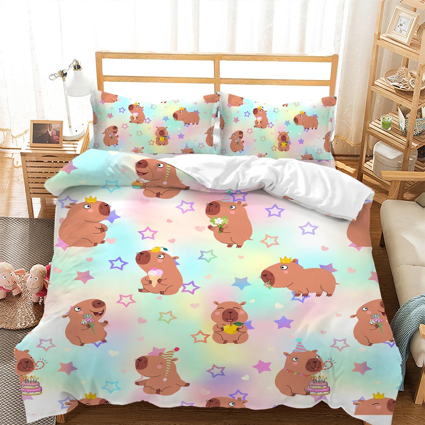 AILONEN Kawaii Capybara Duvet Cover Set Full Size,Cute Cartoon Capybara Rainbow Bedding Set for Girls Kids,Lovely Animal Star Quilt Cover & 2 Pillowcases-3 Pieces