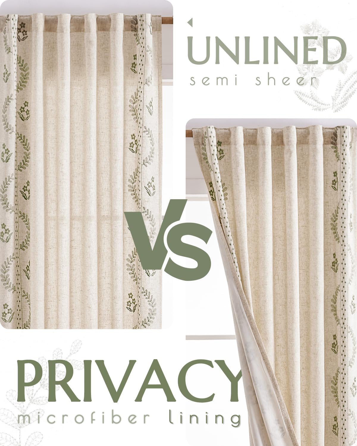 jinchan Belrose Lined Linen Blend Curtains Floral Curtains for Bedroom 96 Inch Length Sage Green Embroidered Drapes Rod Pocket Farmhouse Flower Drapes for Living Room Window Treatments Set 2 Panels