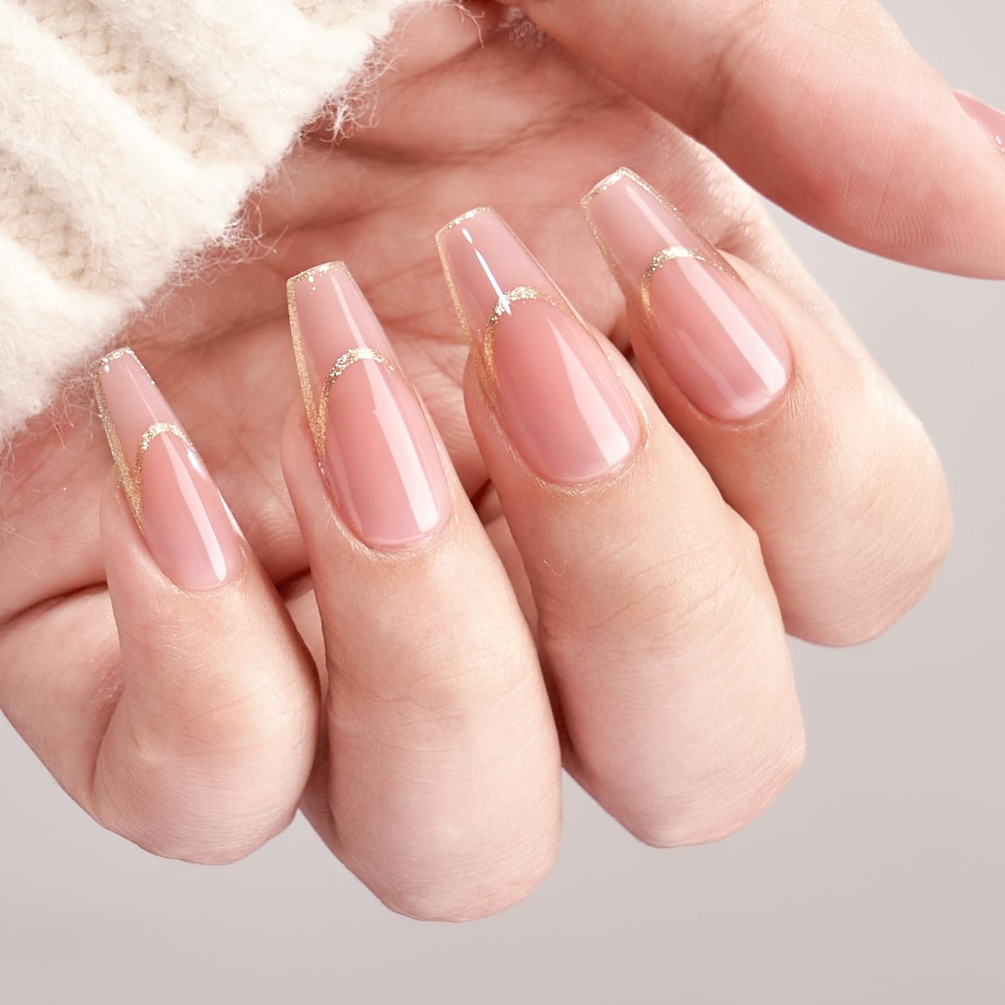 BTArtbox Press on Nails Long - Rose Gold Outline Designed French Tip Press on Nails, Coffin Glue On Nails, Reusable Soft Gel Stick On Nails with Nail Glue in 16 Sizes, Gilded French