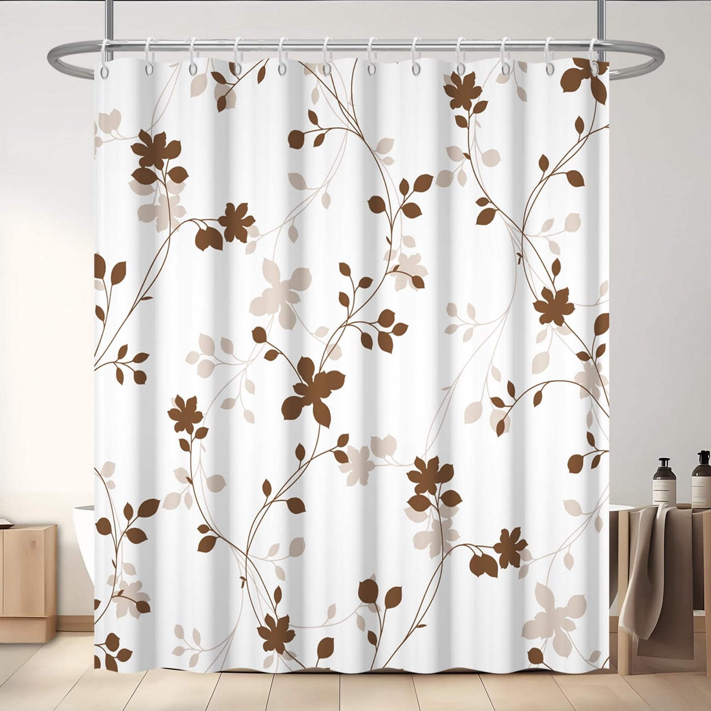 GICDSU Brown Plant Leaves Shower Curtain, Waterproof Fabric Shower Curtain Set with 12 Hooks, Modern Farmhouse Leaf Pattern Shower Curtains for Bathroom, 72x72 Inches