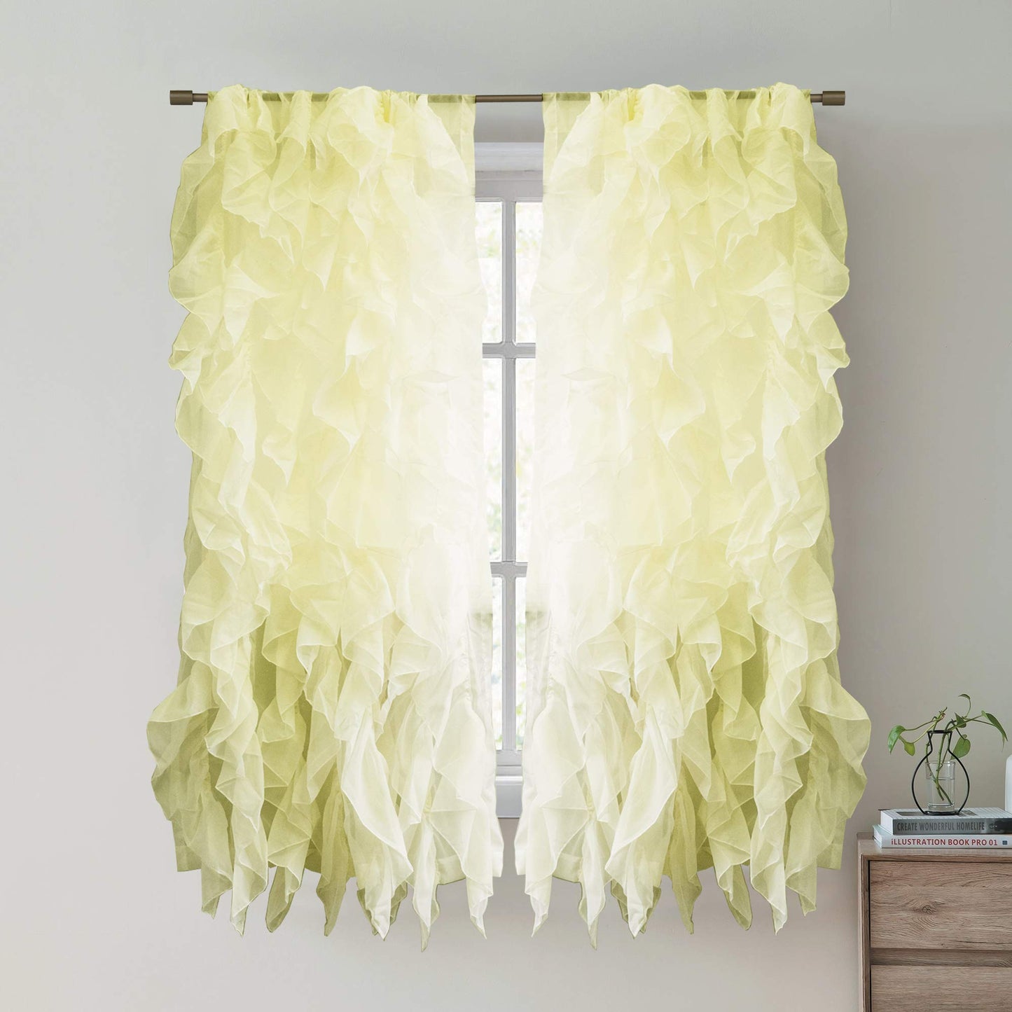 Sweet Home Collection SHRPNL-63-MZE-2PK Sheer Voile Vertical Ruffled Window Curtain Panel 50" X 63", Maize, 63" x 50"