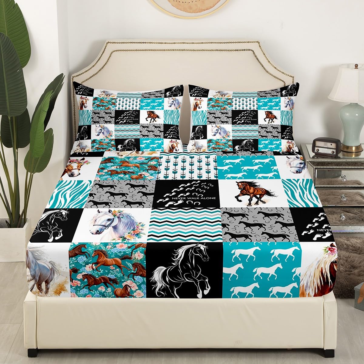 Horse Sheet Set King,Western Farmhouse Bed Sheets for Girls,Boho Arrow Teal Zebra Stripe Bedding Sheets for Teens Boys Women,Rose Flower Rustic Cowboy Fitted Sheet & Flat Sheet Black White 3 Pcs