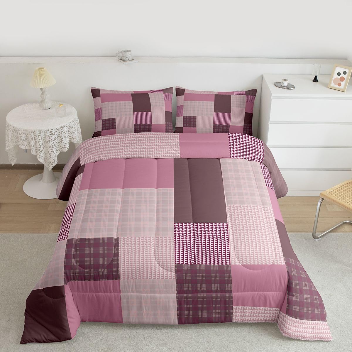 jejeloiu Plaid Bedding Set Soft for Boys Girls, Patchwork Comforter Set Queen Size Check Checkered Duvet Quilt Microfiber Grid Geometric Bedroom Decor 3 Pcs with 2 Pillow Cases