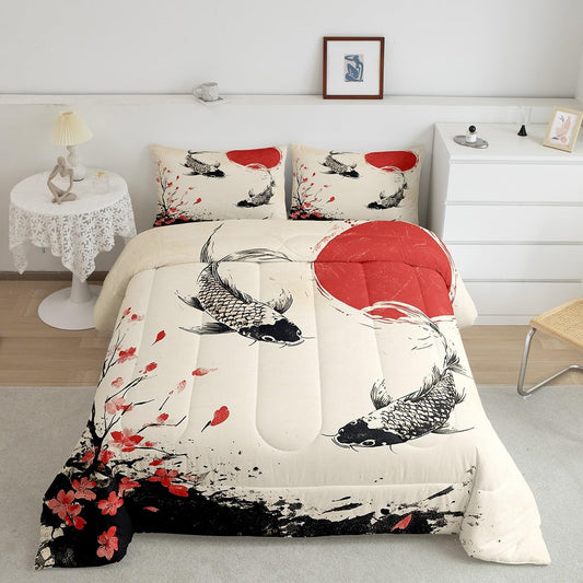 Feelyou Fish Bedding Set for Kids Boys Girls Queen Size Cherry Blossoms Comforter Set Ultra Soft Floral Botanical Comforter Japanese-Style Duvet Quilt Bedroom Decor Exotic Quilt