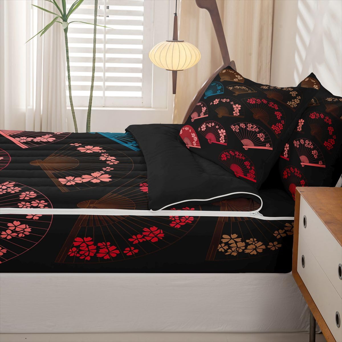 Erosebridal Japanese Kids Comforter Set with Zipper, Japanese Fan Twin Size Zipper Bedding Set, Colorful Japan Style Fans Bed-in-A-Bag