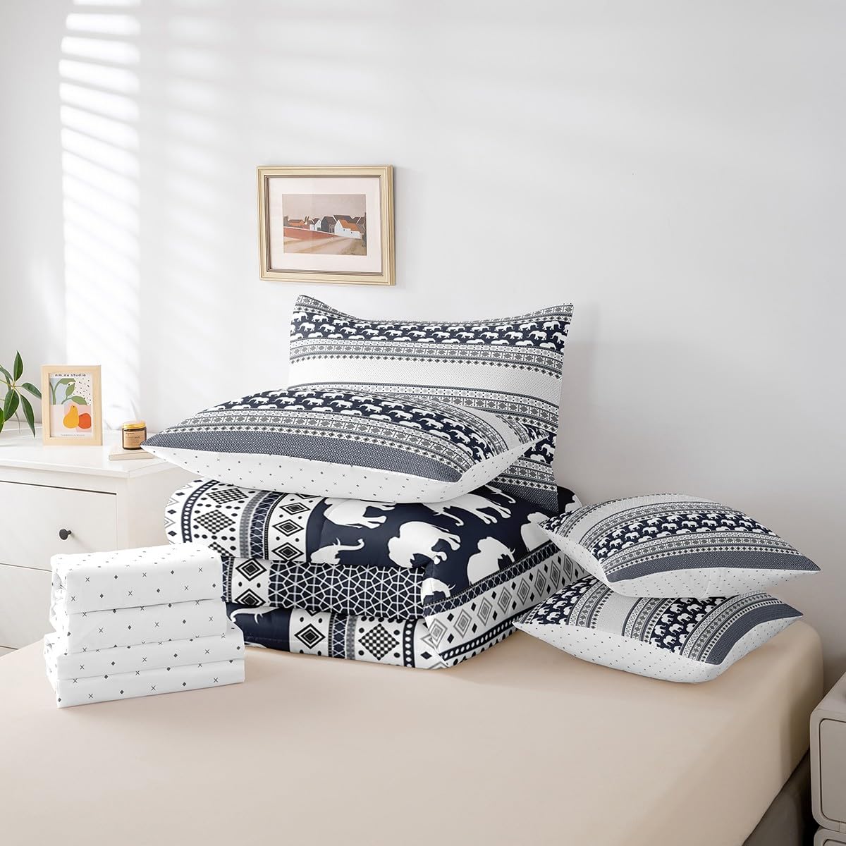 Feelyou Bohemian Elephant 7 Piece Bedding Set Full Size for Kids Boys Girls Teens Toddler Boho Exotic Style Comforter Set with Sheets Navy Blue Stripe Bed in a Bag Ethnic Elephant Print Bed Set