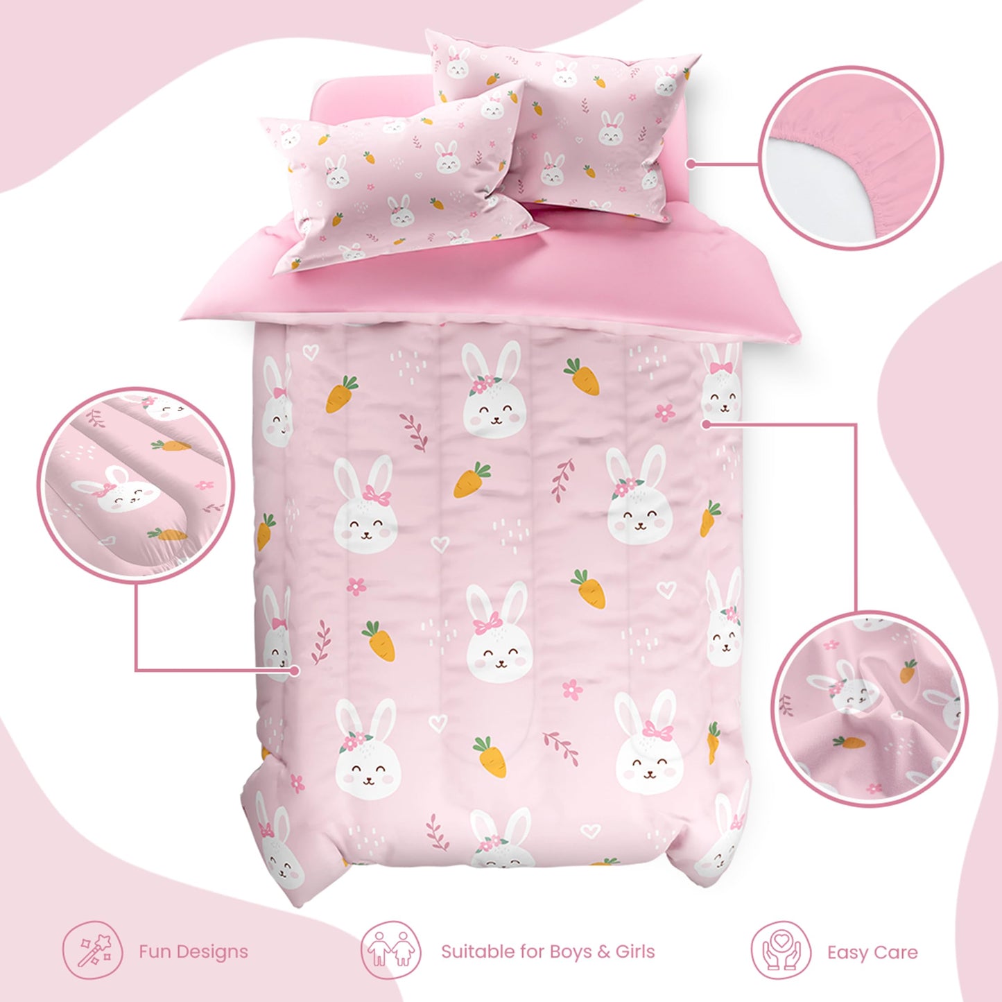 SANDJEST Rabbit Comforter Set Twin Size 68x86in for Kids Girls, Microfiber 3 Pcs Bedding Set Includes 1 Comforter, 1 Pillowcase, 1 Fitted Sheet, Nursery Room Decor