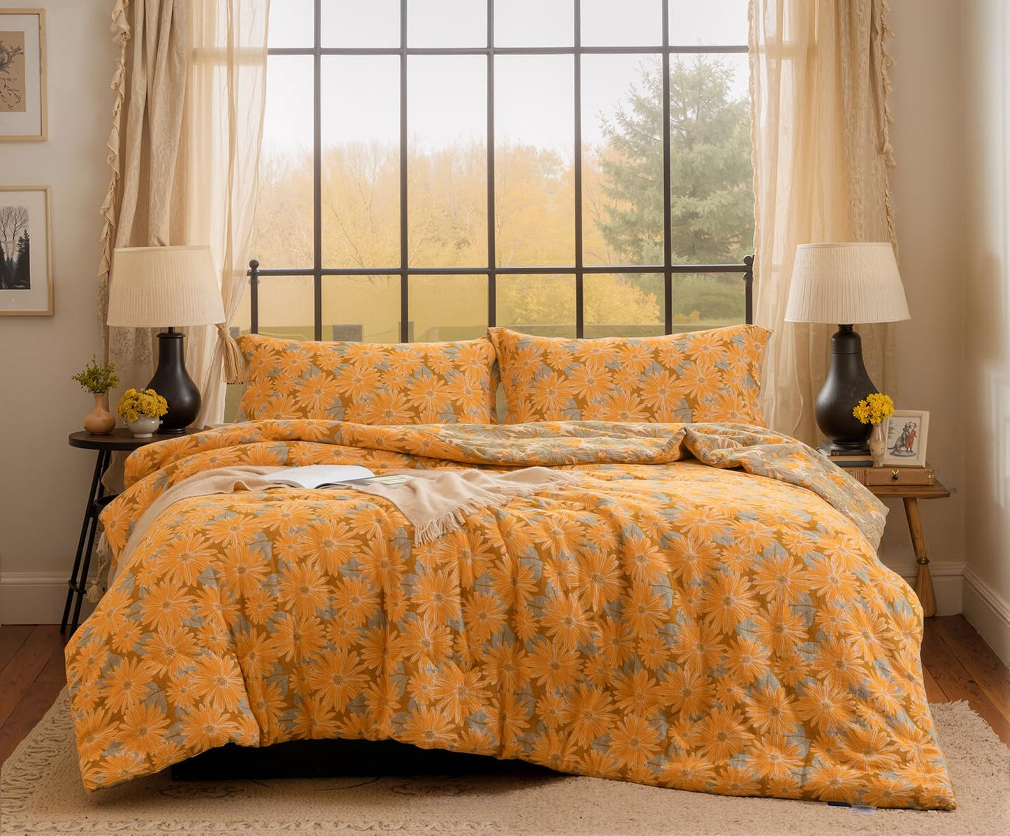 SLEEPBELLA Washed Double Layer Muslin 100% Cotton Comforter Set Queen Size, Yellow & Blue Sunflower Pattern Fluffy Thick Checked Bedding Set, Soft Breathable (1 Comforter, 2 Pillow Shams)