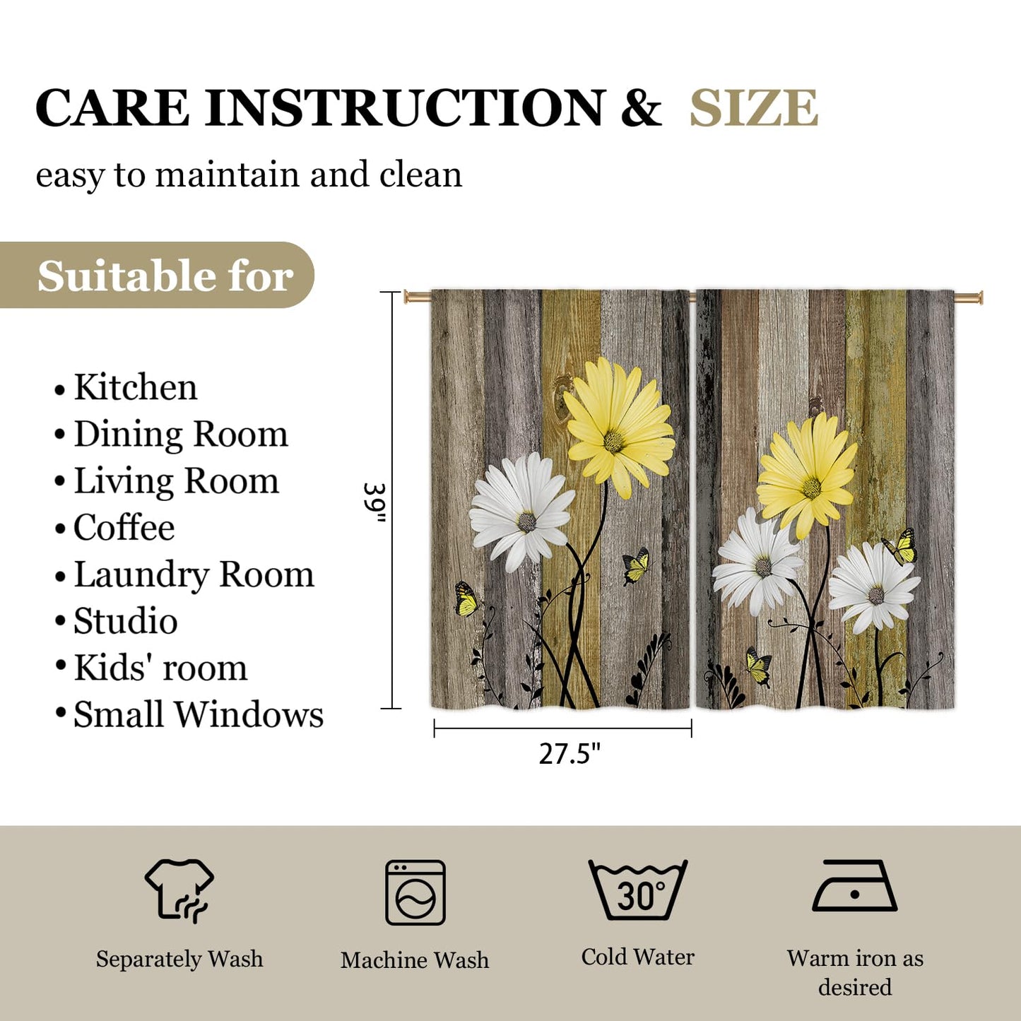 Cizuug Farmhous Yellow Daisy Kitchen Curtains Wooden Flower Small Short Cafe Window Curtains Rustic Floral Butterfly Country Barn Bathroom Drapes Treatment Tier Curtains 2 Panels