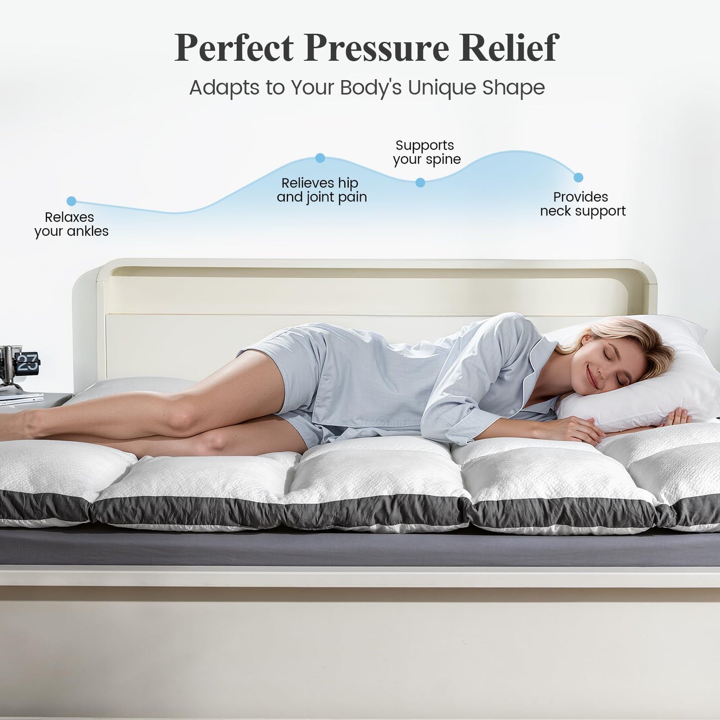 Rainmr Memory Foam Mattress Topper Full - 2000GSM Pillow Top Mattress Topper Full Size, Soft Plush Bed Pad for Pressure Relief & Back Support, White, Oeko-TEX Certified