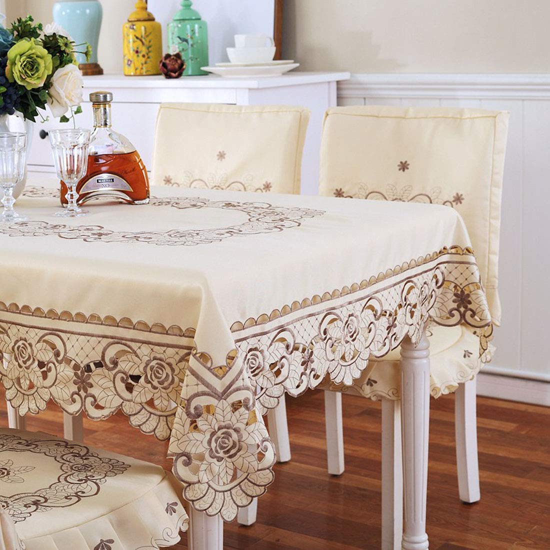 LeLehome Brown Flower Embroidered Lace Cream Beige Square Tablecloth, Vintage Classic Dining Table Cloth Wrinkle Free Table Cover 57 Inch x 57 Inch Party