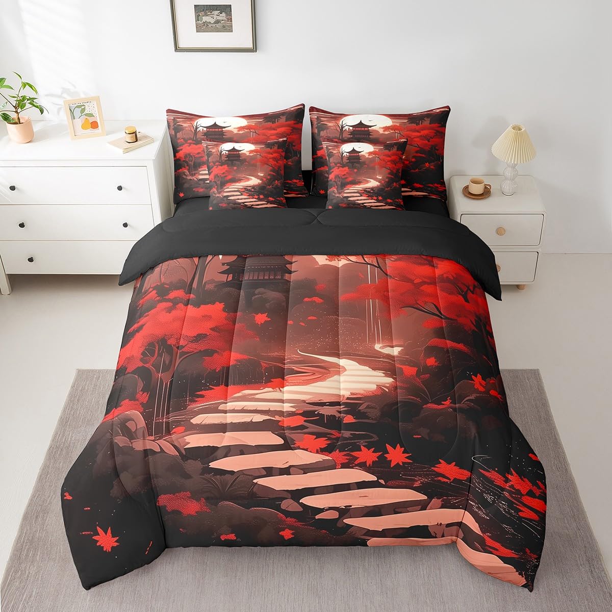 Erosebridal Oriental Theme Queen Comforter Set 7 Piece,Japanese Style Bedding Set with Sheets,Traditional Aesthetic Bed Set Red and Black Bed in a Bag with Fitted Sheet+Flat Sheet,Pillowcases