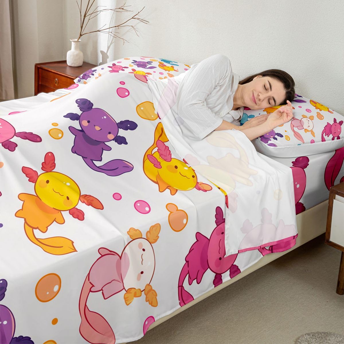 Erosebridal Axolotl Bed Sheets Full | Wildlife Sheet Set for Kids Boys Girls Cartoon Salamander Sheets Colorful Cute Beach Ocean Animals Flat Fitted Sheet 3 Pcs
