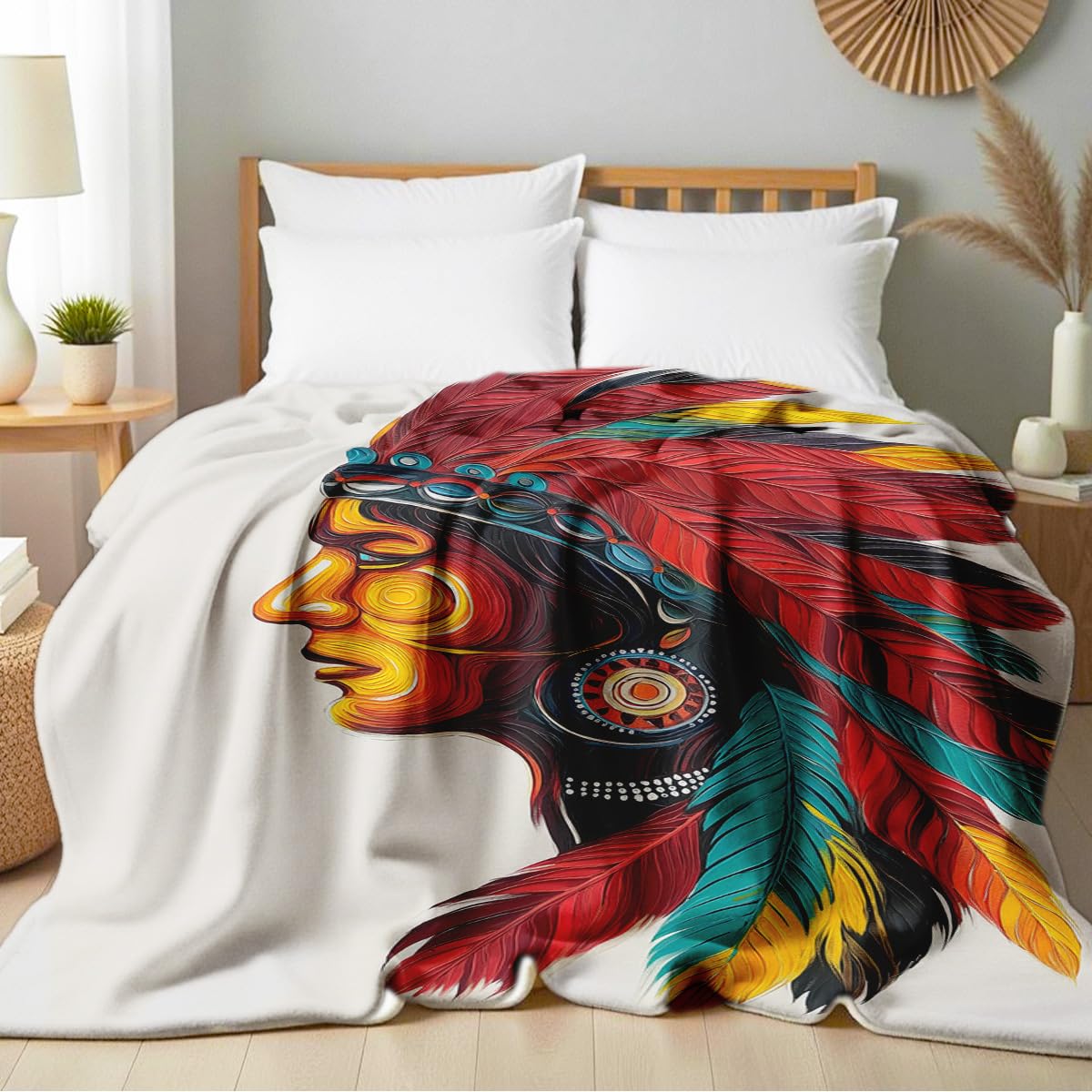 HUNXIAOJ Native American Blankets for Men Indian Print Blankets and Throws for Couch Bed Room Home Western Decor Flannel Throws Queen Size Native American Indian Gifts (49"x59")