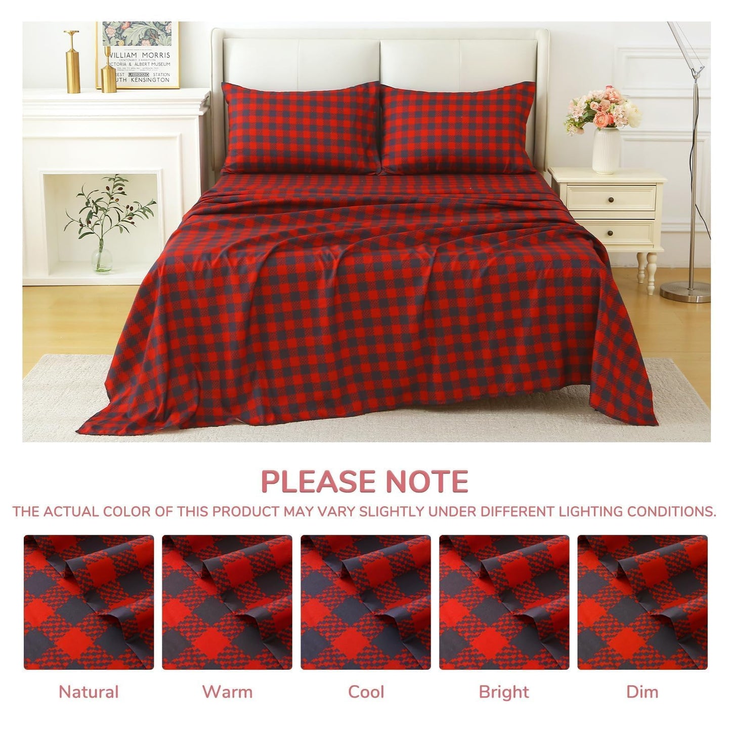 MUXHOMO Queen Size 4 Piece Sheet Set, Soft Breathable Bed Sheet Set for Bedroom with Deep Pocket Up to 16", Wrinkle-Free & Cooling Bedding for Oeko-TEX Certified - Red Plaid