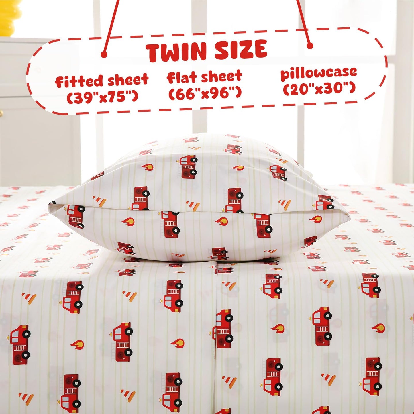LONAVA Twin Sheet Set Kids - 3 Pieces Soft Microfiber Cartoon Style Bedsheets for Boys Girls Teens, Oeko TEX, Breathable Deep Pocket Sheets, (Fire Truck)