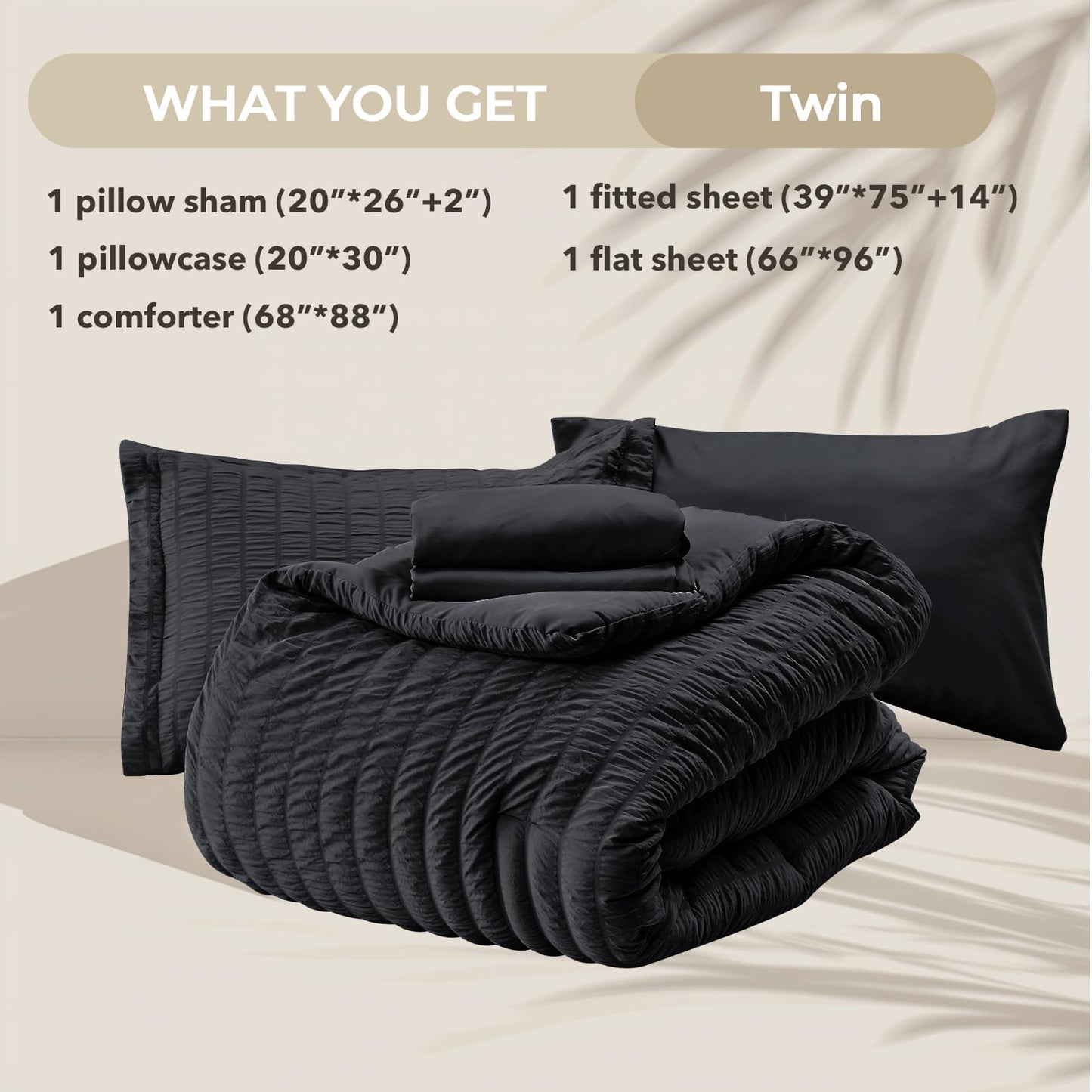 HYMOKEGE Black Twin Comforter Set Seersucker 5 Pieces, All Season Luxury Bed in a Bag for Bedroom, Bedding Set with Comforters, Sheets, Pillowcase & Sham