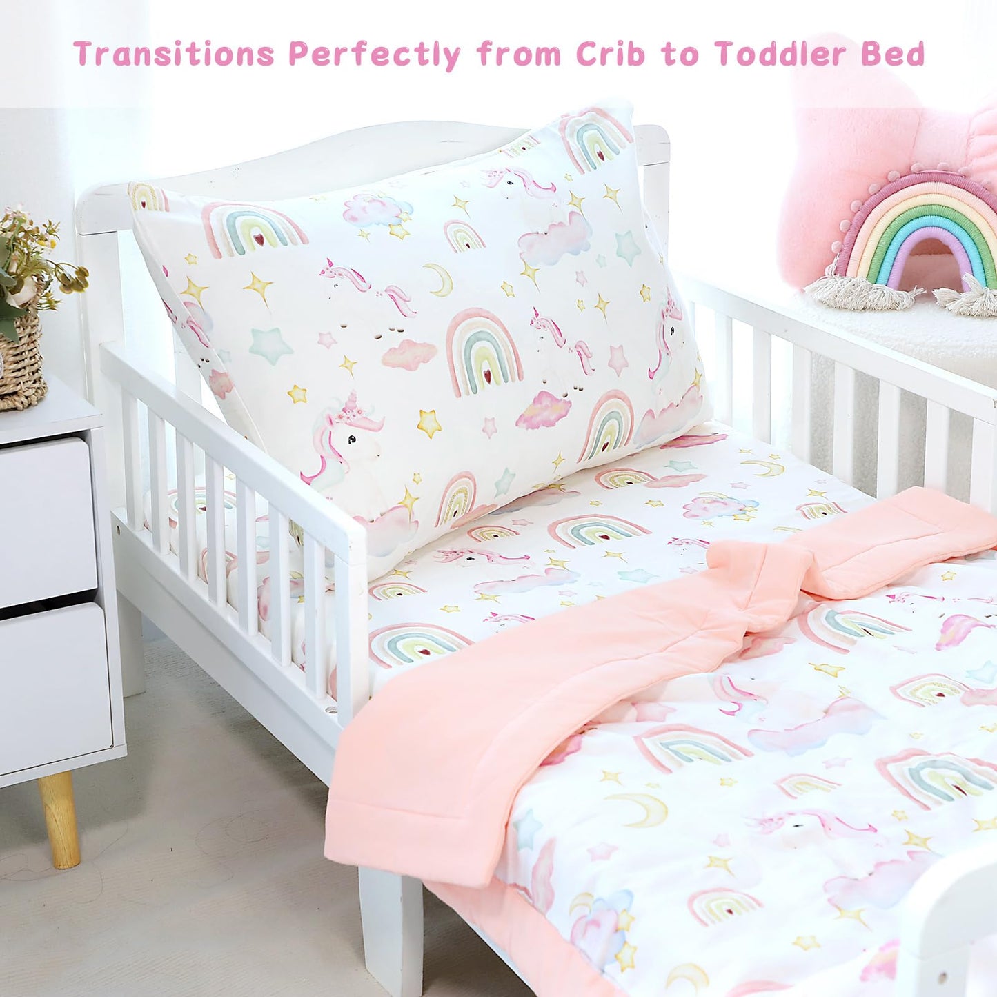 Pea Pod Muslin Toddler Bedding Set 3-Piece - Soft Breathable Crib Bedding with Fitted Sheet, Quilt & Pillowcase for Infant & Kids Bed | Machine Washable Nursery Bed Set, Unicorn Rainbow