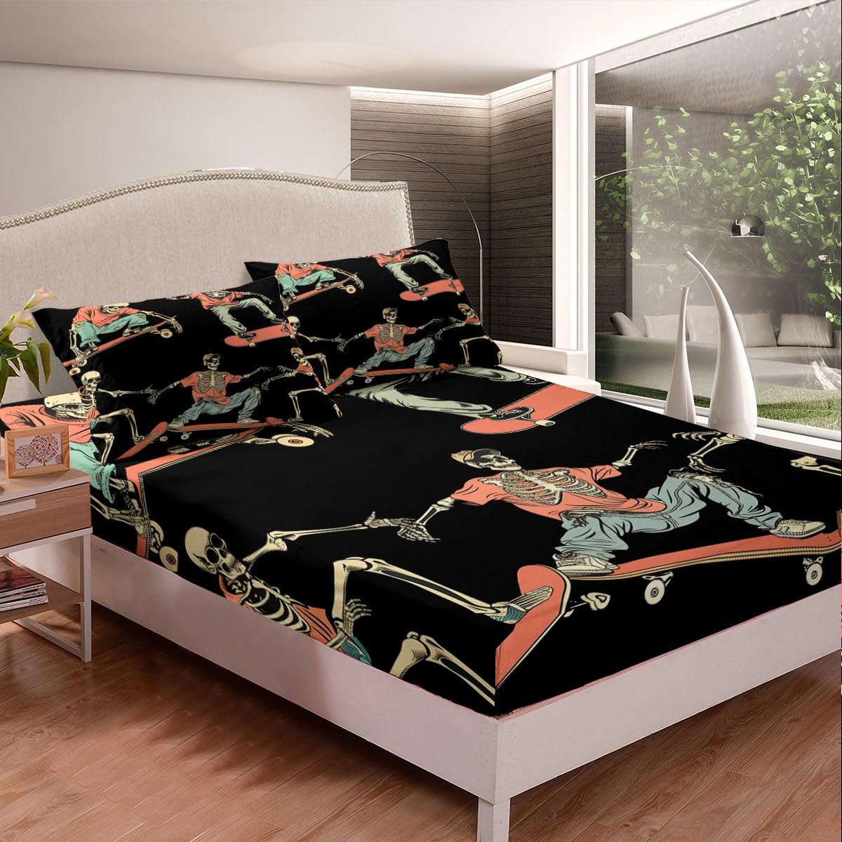 Skateboard Fitted Sheet Sugar Skull Sheet Set Hip Hop Style Bedding Set For Kids Teen Boys Skateboarding Actions Hippie Bed Cover With 1 Pillow Case Twin Size Orange Black Child Room Decor