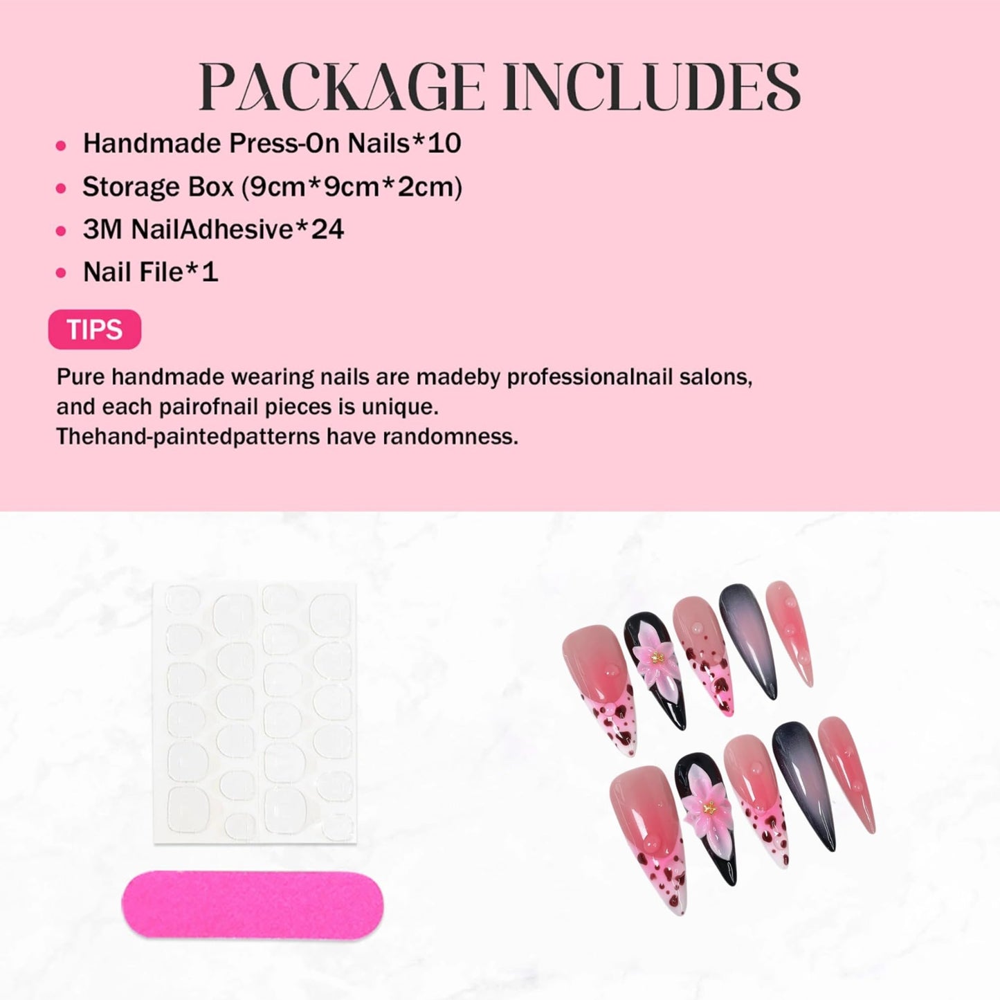Handmade Press on Nails Almond Long Fake Nails Pink Ombre French Tip Acrylic Nails Press ons with 3D Flower Designs False Nails Luxury Full Cover Cute Stick on Nail for Women 10Pcs (Size M)
