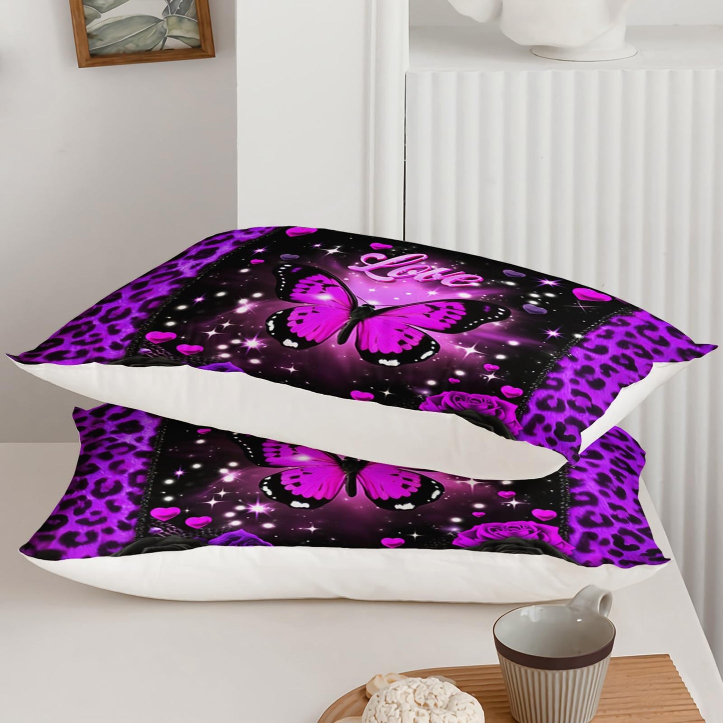 QOOMO 3Pcs Leopard Print Comforter Set Queen Size,Cartoon Butterfly Bedding Set for Teens Boys Girls,Purple Comforter with 2 Pillowcases,Soft and Lightweight